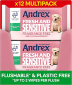 Andrex Fresh & Sensitive Hygiene Wipes, 12 Pack; Flushable Moist Toilet Tissue, Hypoallergenic and Fragrance Free Wet Wipes for Sensitive Skin (30 Sheets x 12 Packs), FSC Certified