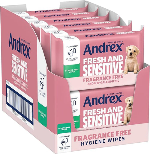 Andrex Fresh & Sensitive Hygiene Wipes, 12 Pack; Flushable Moist Toilet Tissue, Hypoallergenic and Fragrance Free Wet Wipes for Sensitive Skin (30 Sheets x 12 Packs), FSC Certified