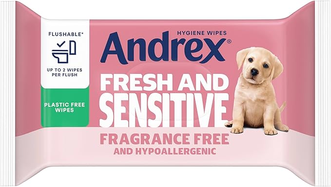 Andrex Fresh & Sensitive Hygiene Wipes, 12 Pack; Flushable Moist Toilet Tissue, Hypoallergenic and Fragrance Free Wet Wipes for Sensitive Skin (30 Sheets x 12 Packs), FSC Certified