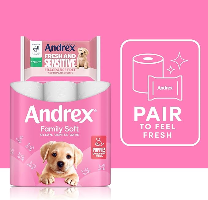 Andrex Fresh & Sensitive Hygiene Wipes, 12 Pack; Flushable Moist Toilet Tissue, Hypoallergenic and Fragrance Free Wet Wipes for Sensitive Skin (30 Sheets x 12 Packs), FSC Certified