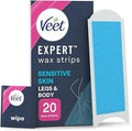 Veet Expert Cold Wax for Sensitive Skin, Hair Removal On Legs & Body, 20 Strips + 2 Finish Wipes, Smooth Results