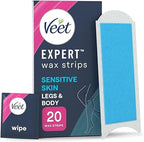 Veet Expert Cold Wax for Sensitive Skin, Hair Removal On Legs & Body, 20 Strips + 2 Finish Wipes, Smooth Results