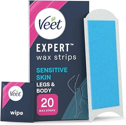 Veet Expert Cold Wax for Sensitive Skin, Hair Removal On Legs & Body, 20 Strips + 2 Finish Wipes, Smooth Results