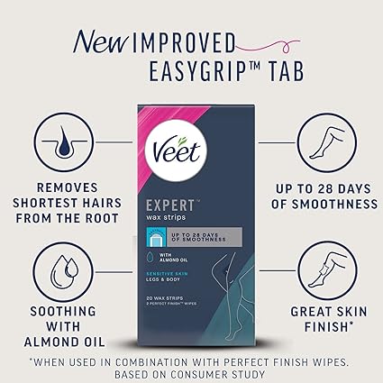 Veet Expert Cold Wax for Sensitive Skin, Hair Removal On Legs & Body, 20 Strips + 2 Finish Wipes, Smooth Results