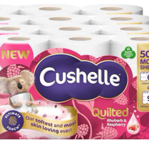 CASE of Cushelle Quilted Rhubarb & Raspberry Scented Toilet Roll 50% More Sheets (4 PACKS 6 ROLLS - 24 Rolls)